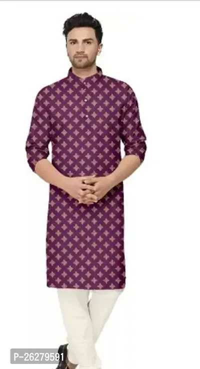 Reliable Purple Cotton Blend Printed Kurta For Men-thumb0