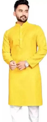 Reliable Yellow Cotton Blend Solid Kurta For Men-thumb0