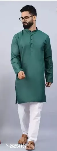 Reliable Green Cotton Blend Solid Kurta with Pajama Set For Men