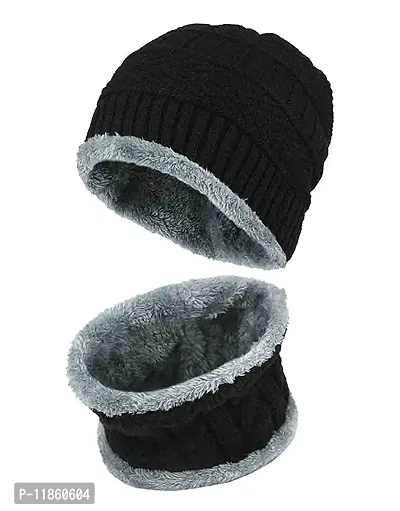 thriftkart - 3SET Unisex Acrylic Woolen Beanie Skull Cap  Muffler Combo for Winters with Faux Fur Lining for Men  Women (Set of 3) (Colors Black) (Latest)-thumb4