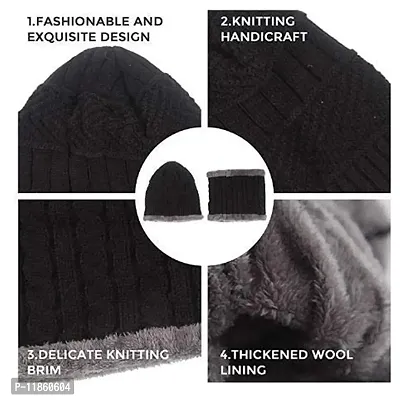 thriftkart - 3SET Unisex Acrylic Woolen Beanie Skull Cap  Muffler Combo for Winters with Faux Fur Lining for Men  Women (Set of 3) (Colors Black) (Latest)-thumb3