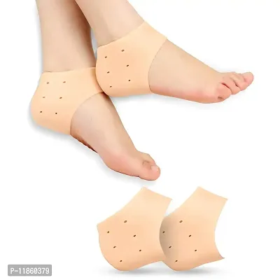 thriftkart Silicone Half Legth Heel Pad Socks For Heel Swelling Pain Relief Dry Hard Cracked Heels Repair Foot Care Ankle Support (Beige)-thumb0