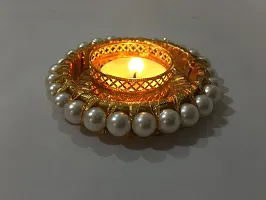 thriftkart Hand Made Pearl Beads Round Diya T Light Holder Diyas for Diwali Festival & Home Decor (Set of 2)-thumb1