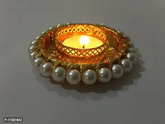 thriftkart Hand Made Pearl Beads Round Diya T Light Holder Diyas for Diwali Festival & Home Decor (Set of 2)-thumb2