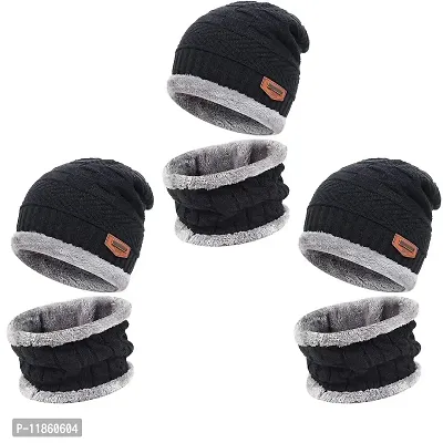 thriftkart - 3SET Unisex Acrylic Woolen Beanie Skull Cap  Muffler Combo for Winters with Faux Fur Lining for Men  Women (Set of 3) (Colors Black) (Latest)-thumb0