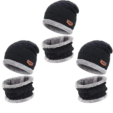 thriftkart Unisex Acrylic Woolen Beanie Skull Cap & Muffler Combo for Winters with Faux Fur Lining for Men & Women (Set of 1) (Colors May Vary) Comes Random from Above Three