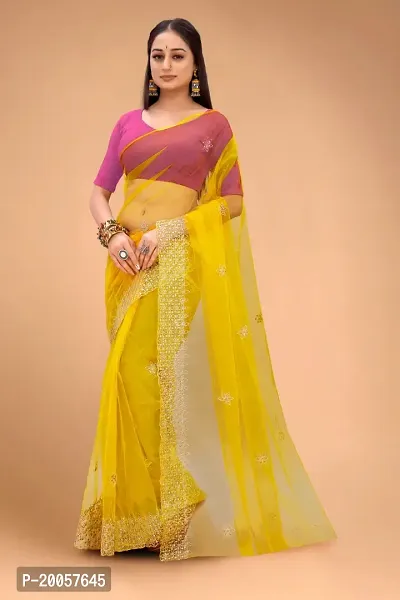 Partywear Yellow Net Embroidered Saree with Pink Solid Dupion Silk Blouse Piece-thumb0