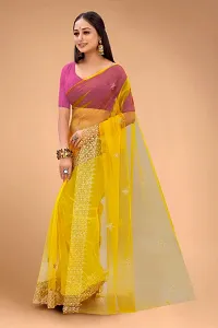 Partywear Yellow Net Embroidered Saree with Pink Solid Dupion Silk Blouse Piece-thumb3