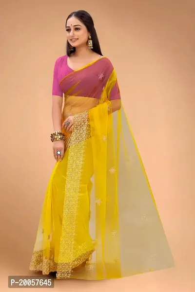 Partywear Yellow Net Embroidered Saree with Pink Solid Dupion Silk Blouse Piece-thumb4