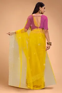 Partywear Yellow Net Embroidered Saree with Pink Solid Dupion Silk Blouse Piece-thumb4