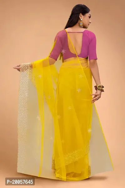 Partywear Yellow Net Embroidered Saree with Pink Solid Dupion Silk Blouse Piece-thumb5