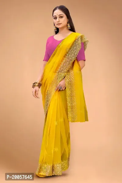 Partywear Yellow Net Embroidered Saree with Pink Solid Dupion Silk Blouse Piece-thumb2