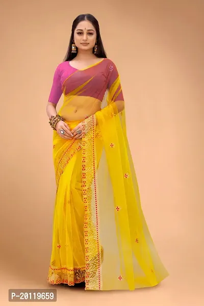 Partywear Yellow Net Embroidered Saree with Pink Solid Dupion Silk Blouse Piece
