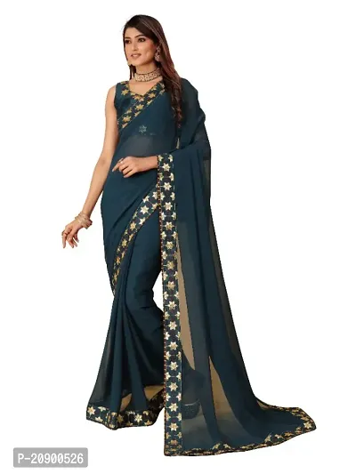 Georgette Embroidered Lace Border Sarees with Dupion Silk Embroidered Blouse Piece-thumb0