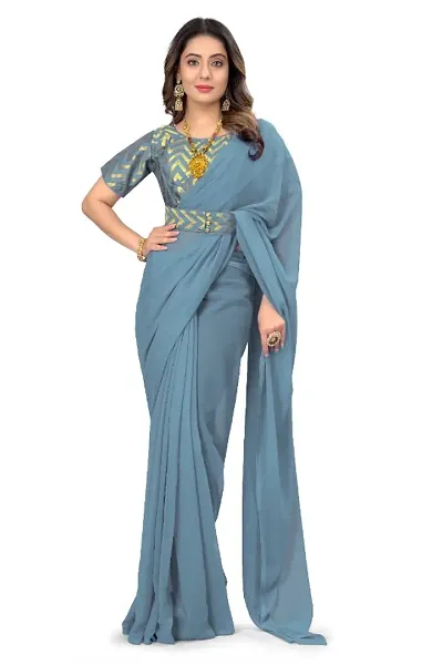 Solid Georgette Sarees with Stitched Zari Work Belt Blouse