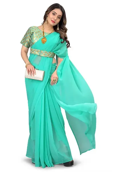 Solid Georgette Sarees with Stitched Zari Work Belt Blouse