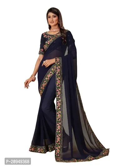 Georgette Embroidered Lace Border Sarees with Dupion Silk Embroidered Blouse Piece-thumb0