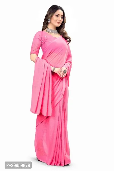 Solid Chiffon Saree with Mirror Embroidered Blouse Piece-thumb0