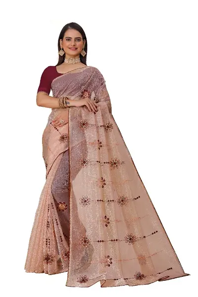 Organza Embroidered Piping Border Sarees with Contrast Blouse Piece