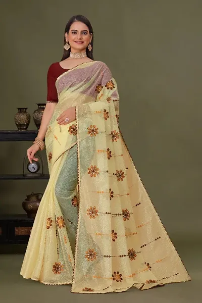 Organza Embroidered Piping Border Sarees with Contrast Blouse Piece