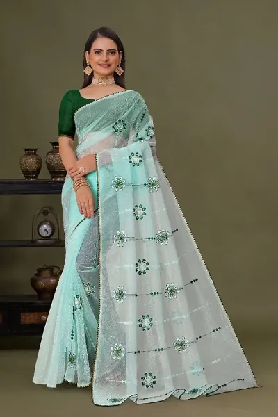 Organza Embroidered Piping Border Sarees with Contrast Blouse Piece