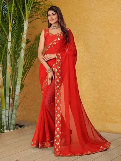 Georgette Embroidered Lace Border Sarees with Dupion Silk Embroidered Blouse Piece