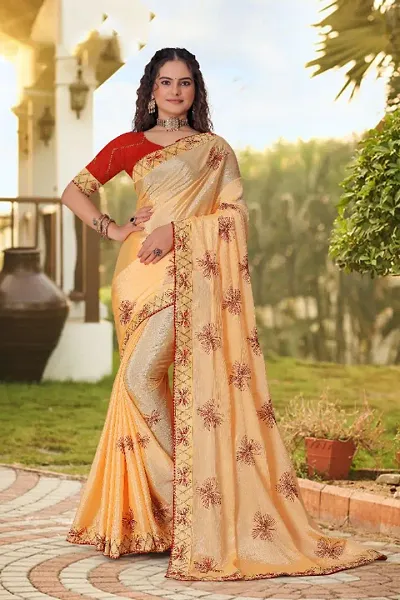 Chinon Silk Embroidered Lace Border Sarees with Blouse Piece