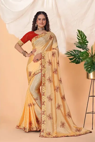 Chinon Silk Embroidered Lace Border Sarees with Blouse Piece