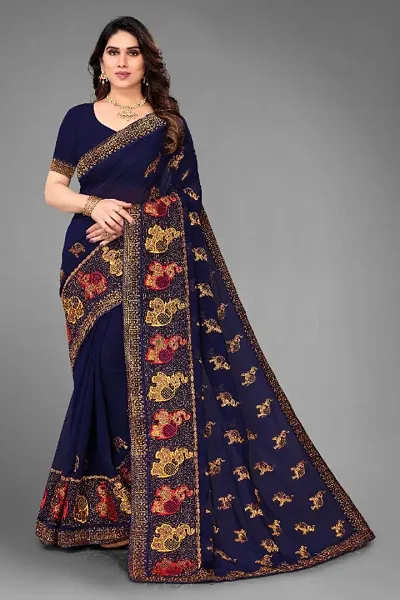 Georgette Haathi Embroidered Lace Border Saree with Blouse Piece