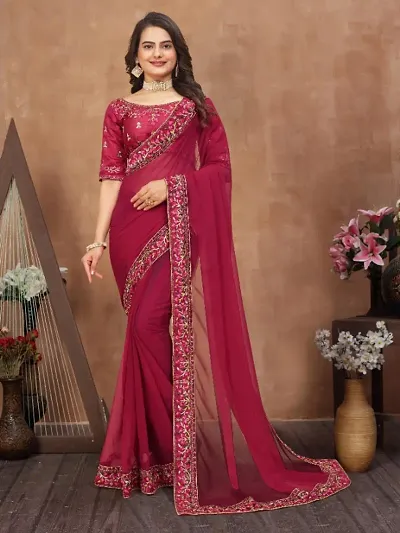 Georgette Embroidered Lace Border Sarees with Dupion Silk Embroidered Blouse Piece