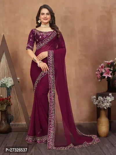 Beautifull Georgette Embroidery Saree With Beautiful Lace And Blouse-thumb0