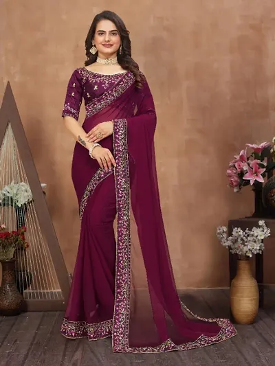 Georgette Embroidered Lace Border Sarees with Dupion Silk Embroidered Blouse Piece