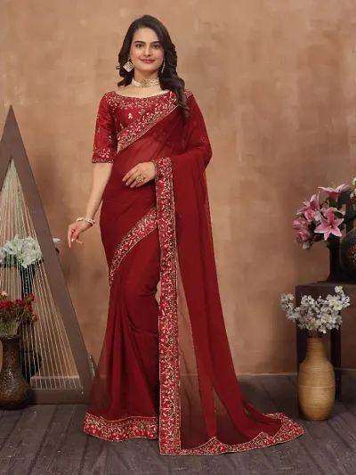 Georgette Embroidered Lace Border Sarees with Dupion Silk Embroidered Blouse Piece