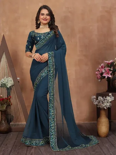 Georgette Embroidered Lace Border Sarees with Dupion Silk Embroidered Blouse Piece