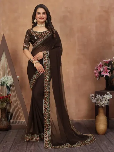 Georgette Embroidered Lace Border Sarees with Dupion Silk Embroidered Blouse Piece