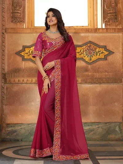 Designer Georgette Embroidered Lace Border Sarees with Embroidered Blouse Piece