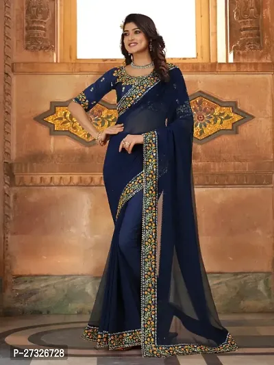 Beautifull Georgette Embroidery Saree With Beautiful Lace And Blouse