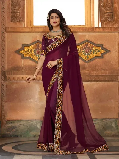 Designer Georgette Embroidered Lace Border Sarees with Embroidered Blouse Piece