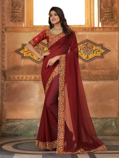 Designer Georgette Embroidered Lace Border Sarees with Embroidered Blouse Piece