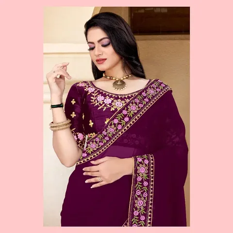 Georgette Embroidered Lace Border Saree with Embroidered  Blouse Piece and Belt