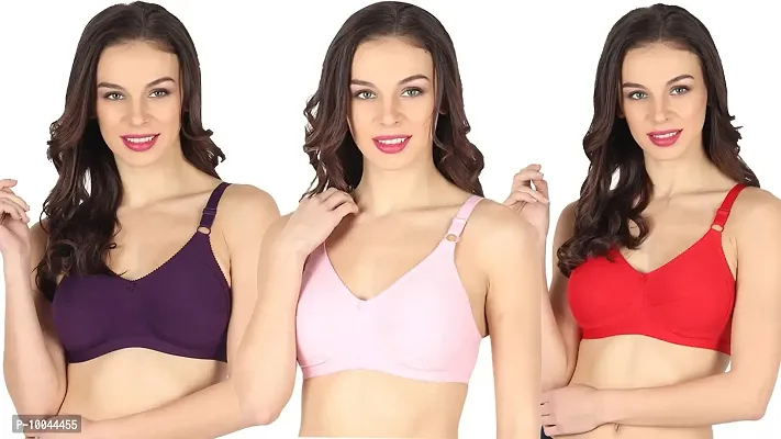 winsure Women's Everyday Full Coverage Non Padded Non Wired Seamed Bra Broad Straps and Hooks Cotton Lycra Fabric 3 Colors Combo Size (B, 42)-thumb0