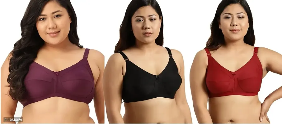 winsure Women's Everyday Full coverange Non Padded Non Wired Seamed Bra Broad Straps and Hooks Cotton Spandex Fabric 3 Colors Combo Size (32 to 42 in B Cups) (32B)