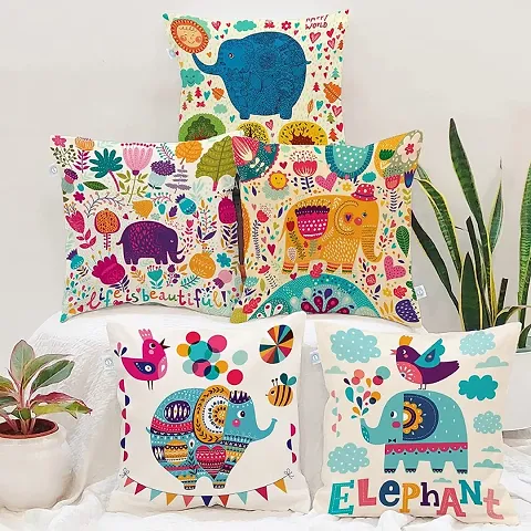 STITCHNEST Unique Cute Elephant Cartoon Blue Printed Canvas Cotton Cushion Covers, Set of 5