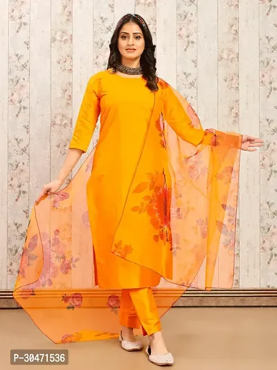 Elegant Orange Art Silk Solid Kurta with Pant And Dupatta Set For Women-thumb0