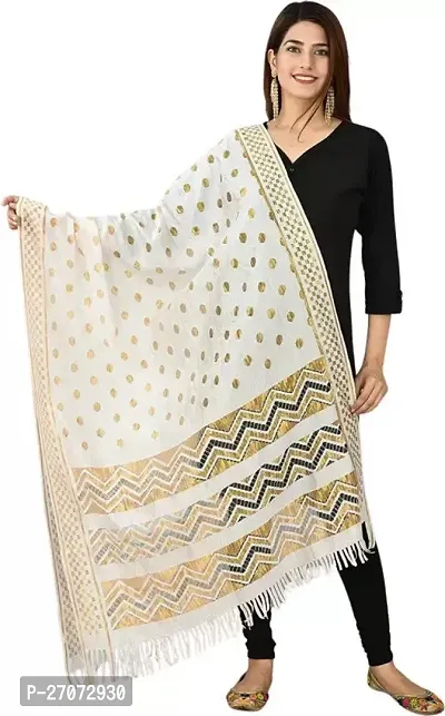 Elite White Silk Blend Self Design Dupattas For Women-thumb0