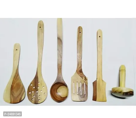 Handmade Wooden Cooking Spoons And Serving Spoon With Free Masher Non Stick Kitchen Utensil Set Of 6