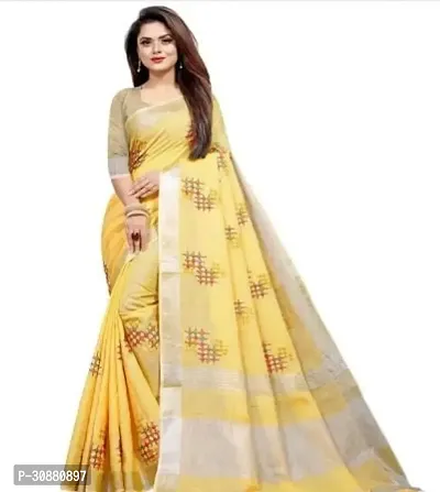 Elegant Yellow Cotton Blend Saree with Blouse piece For Women