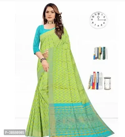 Elegant Green Cotton Saree with Blouse piece For Women