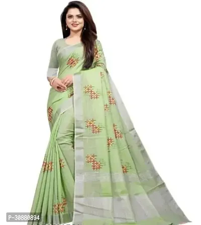 Elegant Green Cotton Blend Saree with Blouse piece For Women-thumb0