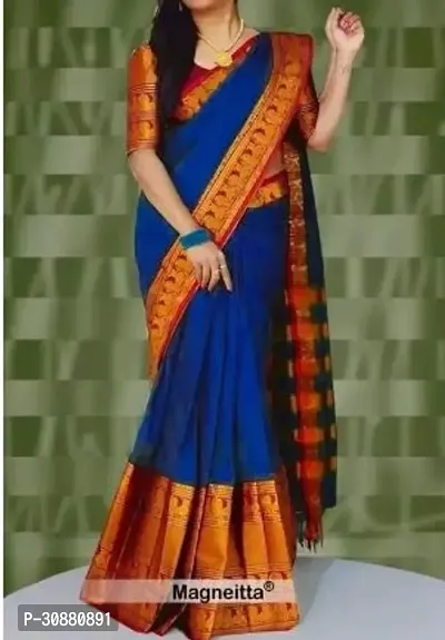 Elegant Blue Cotton Saree with Blouse piece For Women